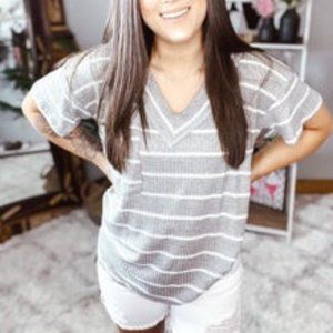 Grey Striped Knit Tee with Front Pocket